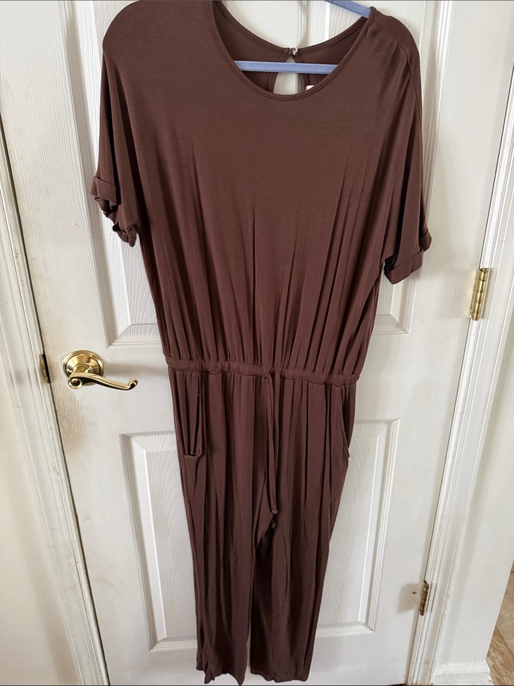 Pink Lily Brown Short Sleeve Jumpsuit with Elastic Waist